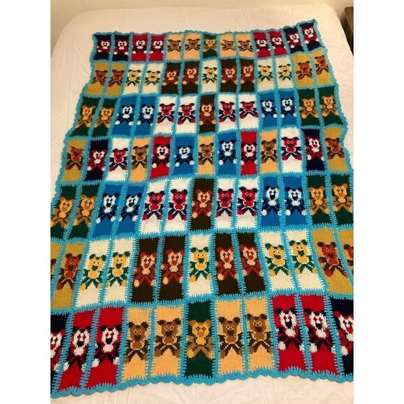 Rare Style Vintage Kids Knit Sweater Crocheted Bears Blanket Multicolored 42 x 6